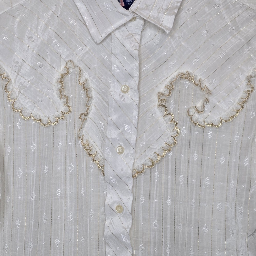 VTG 80s Panhandle Slim Womens Western Shirt Sz 12 White Lace Gold Trim Prairie - Picture 11 of 16